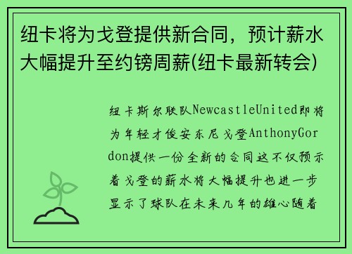 纽卡将为戈登提供新合同，预计薪水大幅提升至约镑周薪(纽卡最新转会)