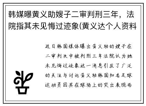 韩媒曝黄义助嫂子二审判刑三年，法院指其未见悔过迹象(黄义达个人资料)